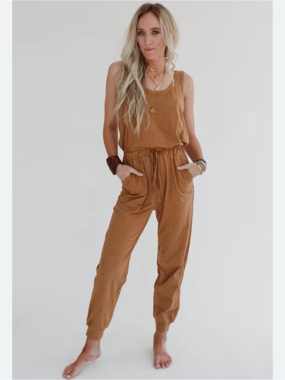 Three Bird Nest Camel Brown Tank Jumpsuit with Drawcord Waist